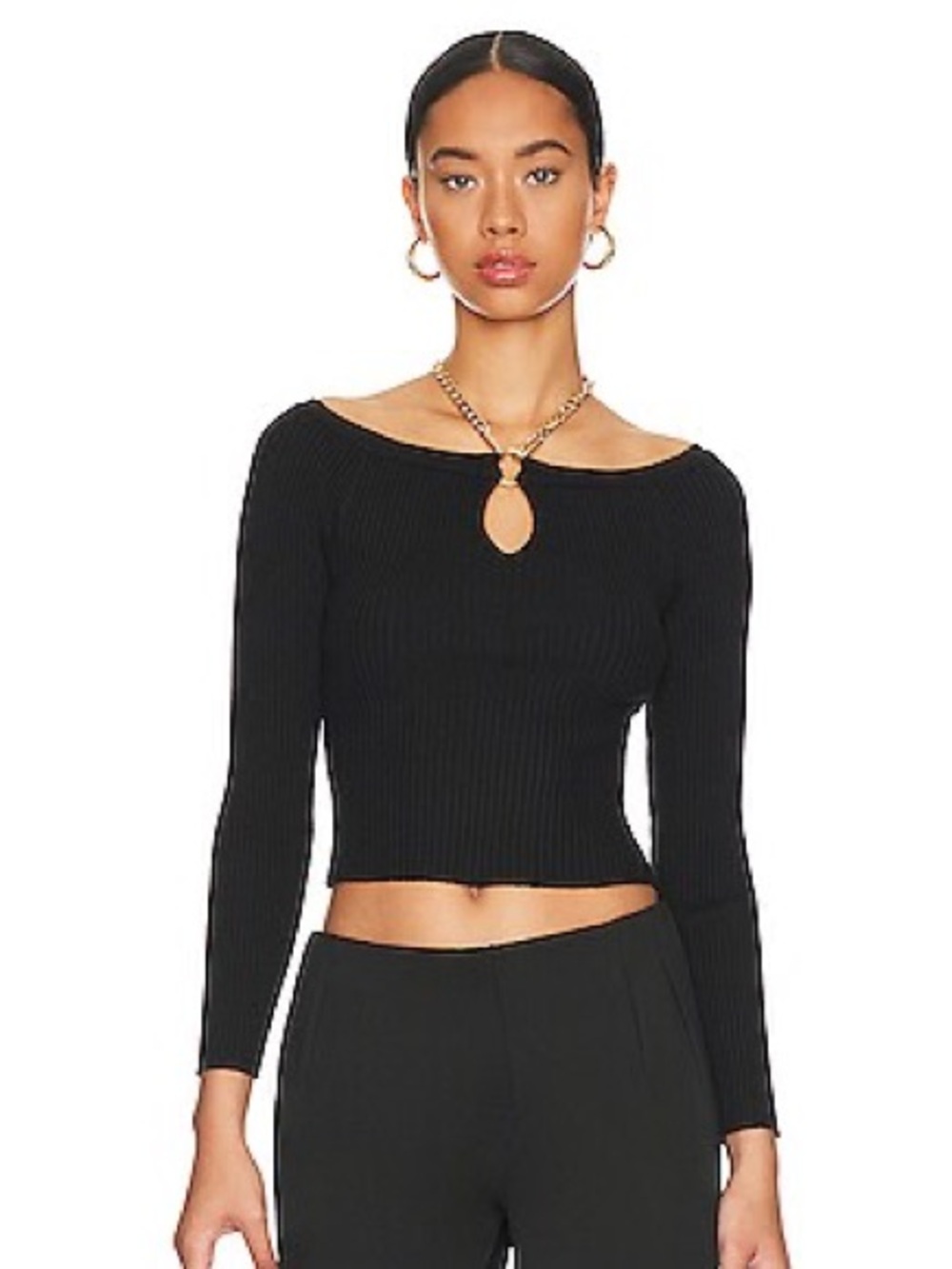 ASTR the Label Philippa Black Ribbed Gold Chain Long Sleeve Crop Top – Size M
